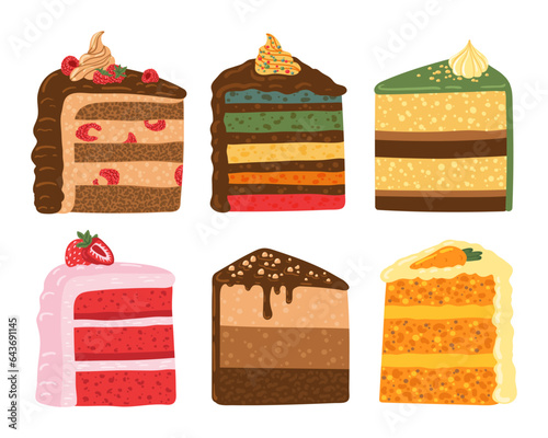 Set of birthday cake slice, Raspberry and Strawberry mousse cakes sticker collection vector ilustration. Happy birthday party vector elements