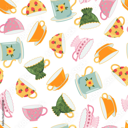 Tea or coffee cups vector seamless pattern. Ceramic crockery theme. Cartoon mugs Kitchen background