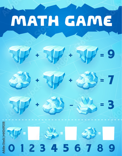 Math game worksheet ice crystals and shards. Vector mathematics riddle for children education and learning arithmetic equations. Calculation skills development puzzle page with ice floes and blocks