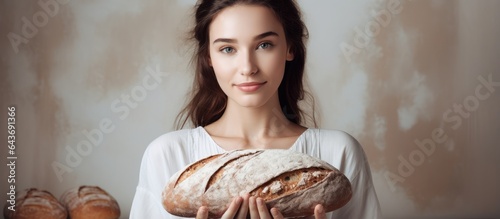 Woman holding bread on a br...