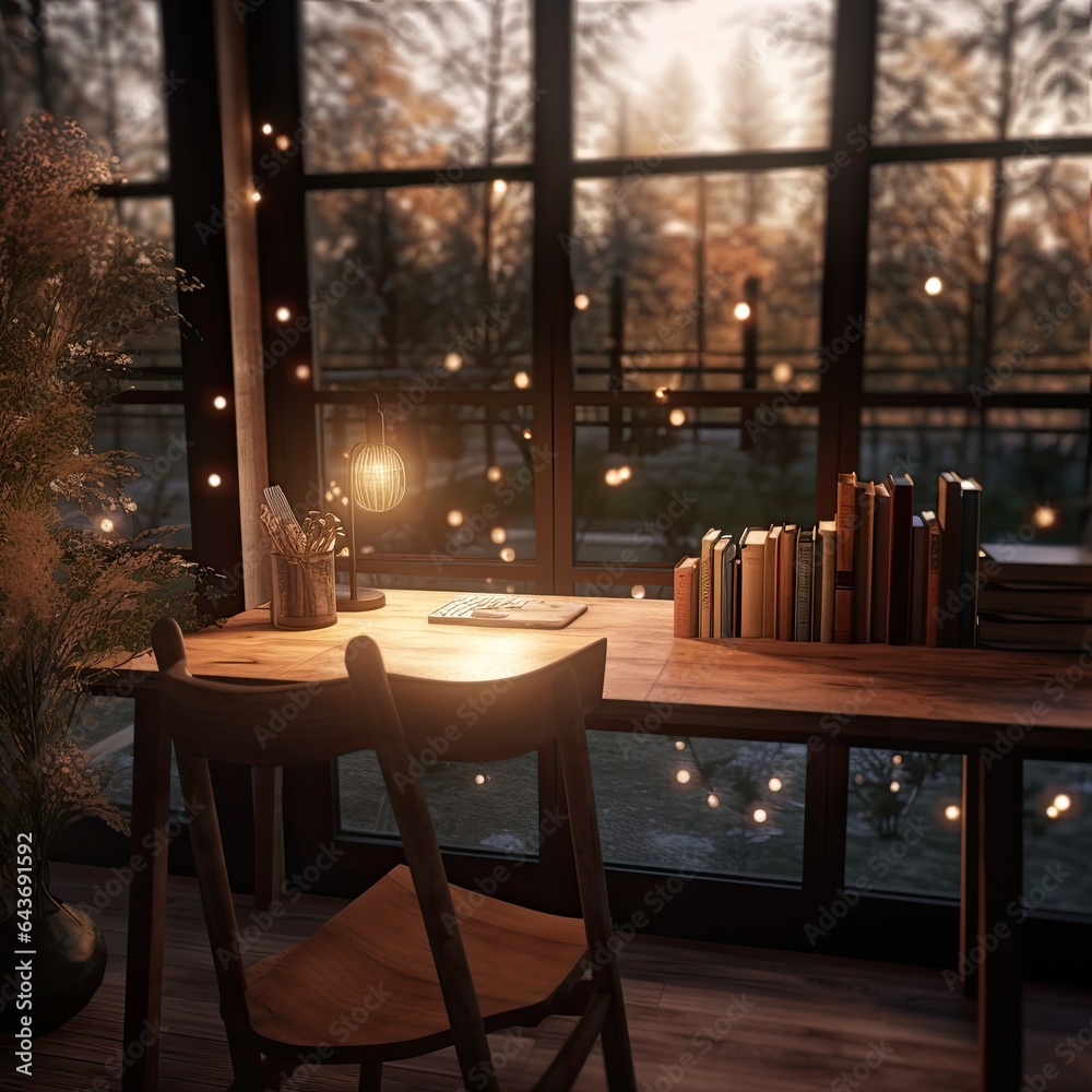 Creative workspace: A softly blurred scene featuring an empty desk with creative tools and a faint glow of holiday lights. Inspiring, artistic, holiday, made with Generative AI