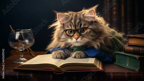 CAT WEARING GLASSES  WITH BOOKS