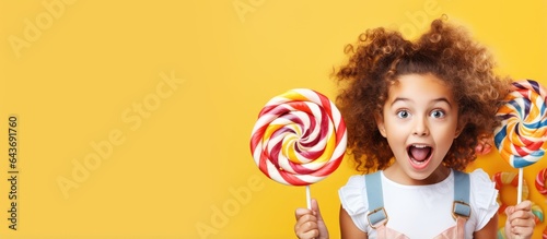 Teenage girl holding lollipops in a candy store with empty space for advertisement