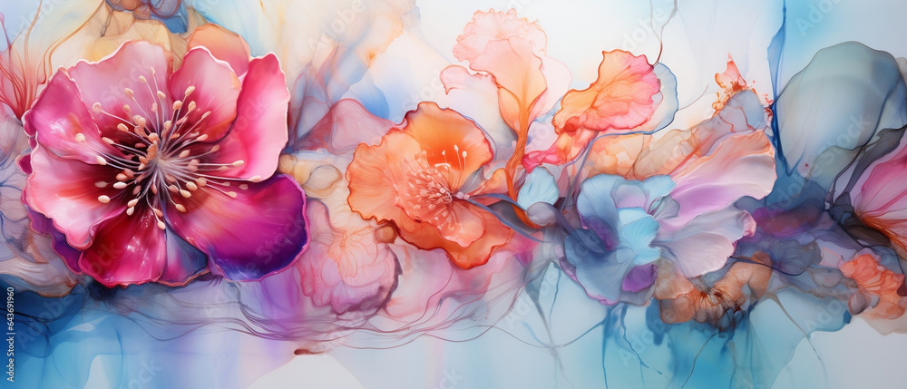 Kolorowe kwiaty - piękne tło 3d, malowane farbami i atramentem alkoholowym. - obrazy, fototapety, plakaty 