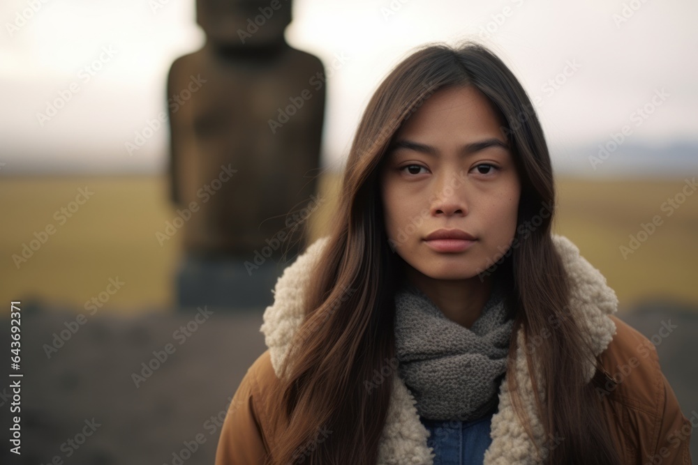 Medium shot portrait photography of a satisfied girl in her 30s wearing a polished vest at the moai statues of easter island chile. With generative AI technology Medium shot portrait photography of a satisfied girl in her 30s wearing a polished vest at the moai statues of easter island chile. With generative AI technology