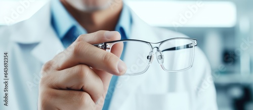 Male eye doctor wearing glasses in clinic close up Text space