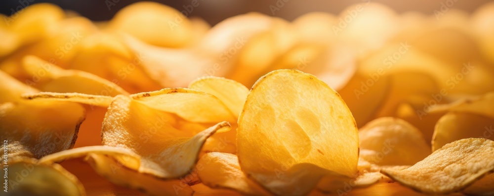 A pile of tasty potato chips, close up. Generative AI. A pile of tasty potato chips, close up. Generative AI.