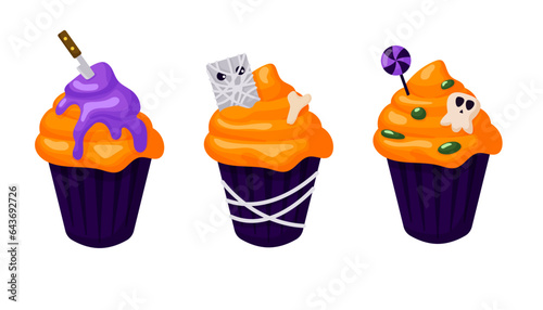 Happy Halloween cupcakes set in cartoon style. Spooky decorated muffins, scary sweets. Vector illustration isolated on a white background.
