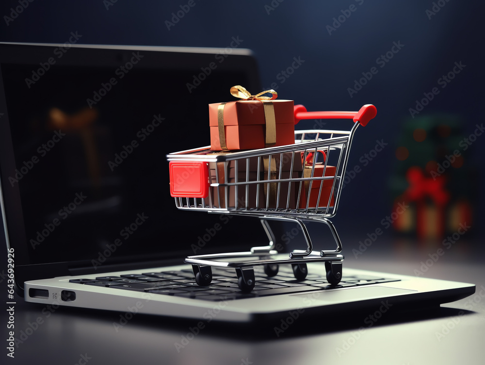 Shopping cart with gift boxes on laptop for black friday holiday concept, shopping online