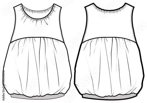 Baby girl sleeveless Bubble hem dress design with round collar flat sketch fashion illustration vector template with front and back view, Toddler baby girl balloon hem frock dress cad drawing photo