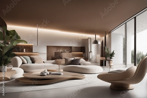 Futuristic room design concept, large living room, wooden eco style © Mikalai