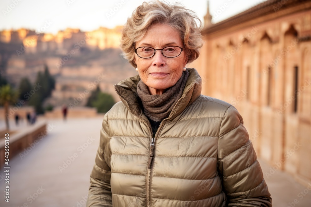 Medium shot portrait photography of a jovial mature woman wearing a durable down jacket at the alhambra in granada spain. With generative AI technology Medium shot portrait photography of a jovial mature woman wearing a durable down jacket at the alhambra in granada spain. With generative AI technology