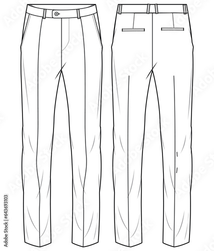 Men's formal trouser pant front and back view flat sketch fashion illustration, Tapered fit Woven Tailored chino pants vector template cad drawing