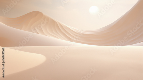 A surreal desert landscape with sand dunes. The sand dunes are in a wave-like pattern with smooth curves. The sky is a light peach color with a white sun in the top right corner. Peaceful and serene.