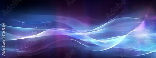 Abstract blue background with glowing holographic dots and wavy lines.