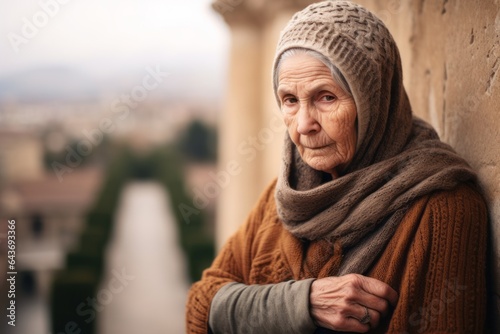 Photography in the style of pensive portraiture of a satisfied old woman wearing a warm wool sweater at the alhambra in granada spain. With generative AI technology