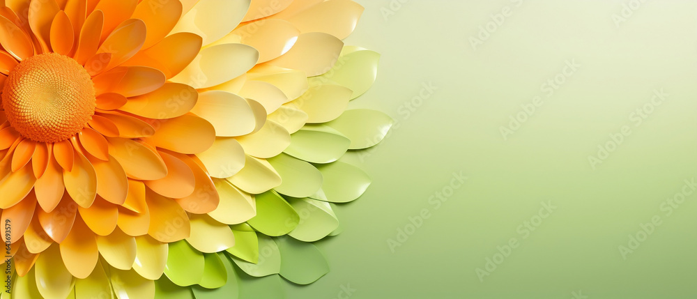 Abstrakcyjne żółto-zielone tło z kwiatem 3d - płatki nagietka lub żonkili. Render 3d pod baner - obrazy, fototapety, plakaty 