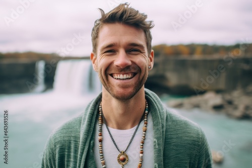 Lifestyle portrait photography of a happy boy in his 30s wearing a whimsical charm necklace at the niagara falls in ontario canada. With generative AI technology