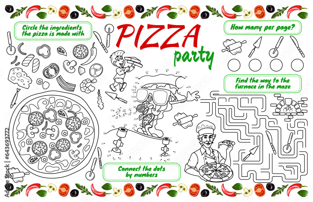 Festive placemat for children with tasks. Printable activity sheet 