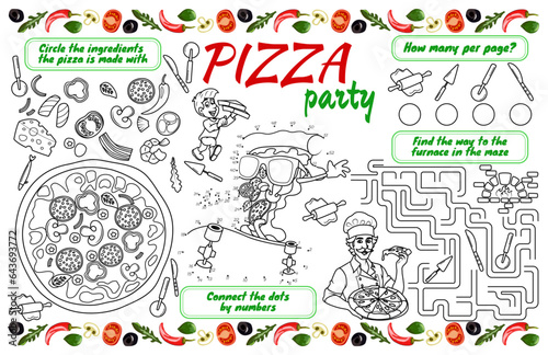 Festive placemat for children with tasks. Printable activity sheet  Pizza Party  with maze  connect the dots and coloring book. 17x11 inch printable vector file