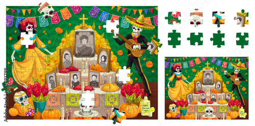 Jigsaw puzzle game pieces. Dia de los muertos day of the dead mexican holiday. Educational vector worksheet for preschool children with funny cartoon Catrina and mariachi skeletons near the altar