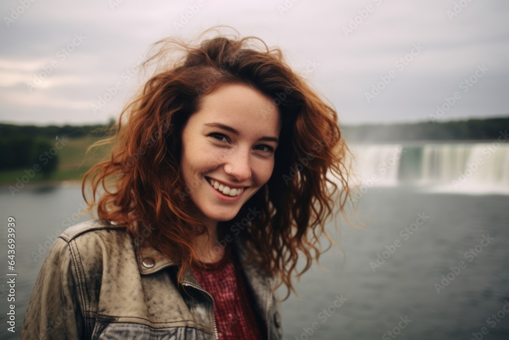 Photography in the style of pensive portraiture of a grinning girl in his 20s wearing a glamorous sequin top at the niagara falls in ontario canada. With generative AI technology