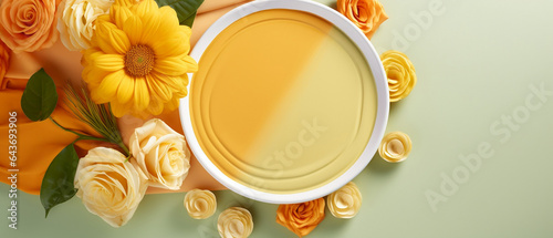 Pojemnik z farbą wokół kwiatów - widok z góry. Tło do prezentacji produktu. Kolory żółte i zielone © yeseyes9