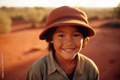 Close-up portrait photography of a cheerful boy in his 30s wearing a stylish beret near the uluru (ayers rock) in northern territory australia. With generative AI technology