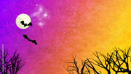 和紙テクスチャの星空に浮かぶ満月とコウモリと木のシルエット photo