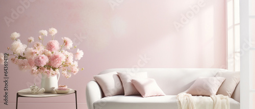 Jasny salon z dużym oknem i wpadającym światłem w kolorze pudrowego różu. Sofa i ściana. Miejsce na prezentację produktu - obraz, mockup.  photo