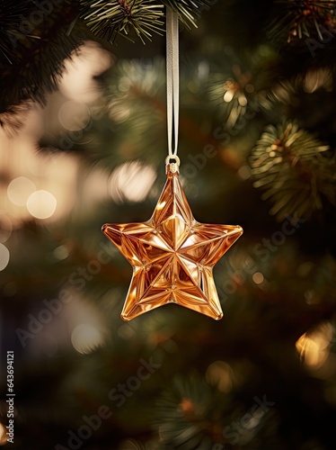 A sparkling star ornament hanging from a beautifully decorated Christmas tree