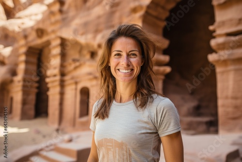 Lifestyle portrait photography of a glad girl in her 40s wearing a moisture-wicking running shirt at the petra in maan jordan. With generative AI technology