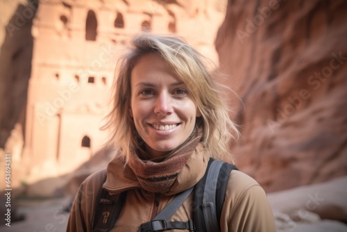 Medium shot portrait photography of a grinning girl in her 40s wearing a long-sleeved thermal undershirt at the petra in maan jordan. With generative AI technology photo