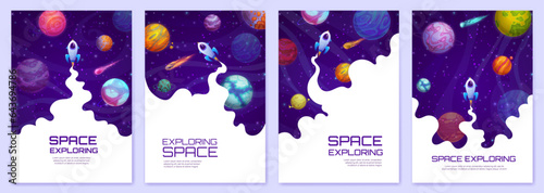 Landing page space. Cartoon space planets, stars and rockets. Startup launch web site background, company vector vertical poster or landing page with spaceship exhaust smoke cloud, galaxy planets