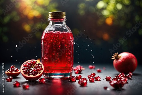 Clear plastic transparent bottle with natural freshly pomegranate. ai generative