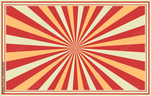 Circus or carnival retro background, sunlight rays, vintage burst layout with striped frame borders. Vector pattern of red, white and beige radial lines with grunge texture, circus, carnival backdrop