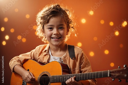 Joyful child playing guitar isolated on flat orange background. ai generative