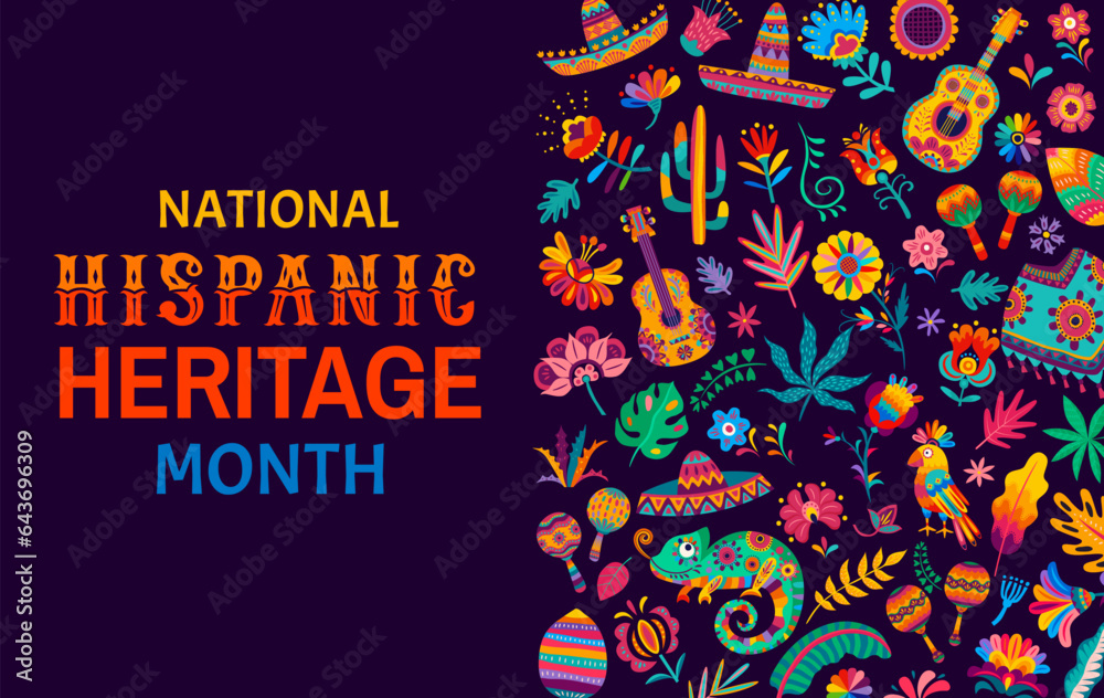 National Hispanic Heritage Month banner. Latin America culture ethnic holiday poster, Hispanic Heritage Month celebration or vector flyer with chameleon, flowers, musical instruments and sombrero