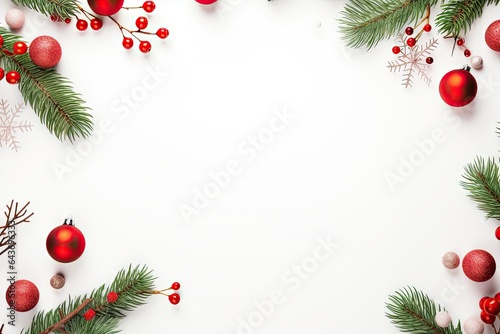 Christmas decorations and pine branches on a white background photo