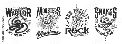 Viper, dragon and skeleton hand. Tattoo, t-shirt print, sport club mascot. Bikers or rock music band club symbol or vector emblem, team tshirt clothing custom design print with aggressive reptile eye