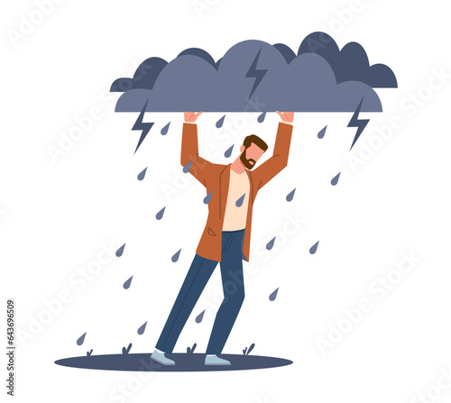 Concept of difficult situations in life and problems in business, man carries heavy burden of difficulties. Obstacle or risk to overcome and succeed, vector cartoon flat isolated illustration