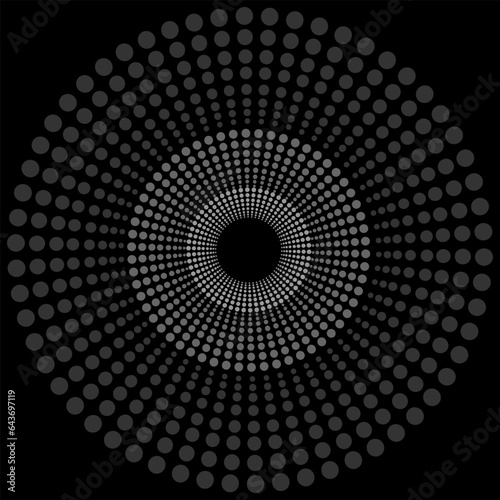 Vector abstract geometric pattern in the form of gray circles arranged in a circle on a black background