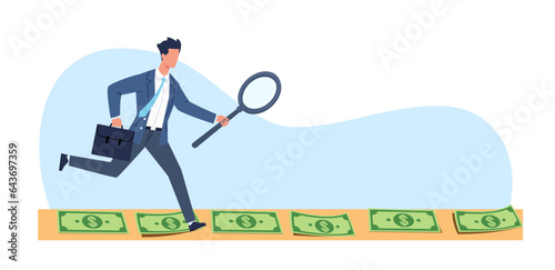 Concept of finding successful investment, businessman runs through money bills with magnifying glass. Achieving financial goal. greed or investing opportunity. Vector cartoon flat illustration
