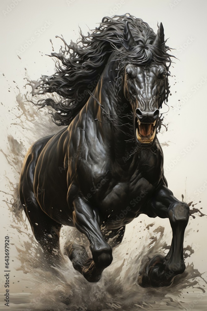 Obraz premium A black horse is running against a white background
