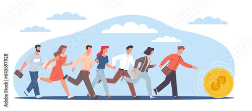 Concept of greed for money, men and women running after rolling coin, trying to catch gold. Achieve goal and profits, profitable investment. Career ambition. Vector cartoon flat illustration