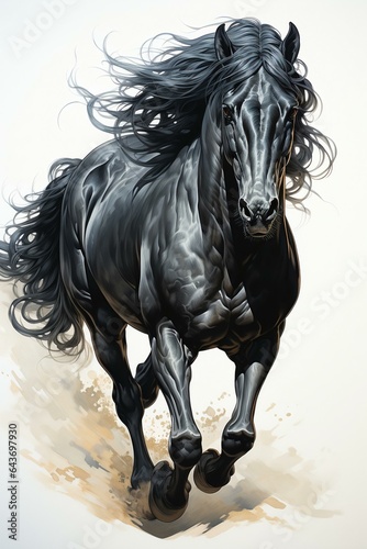 A black horse is running against a white background