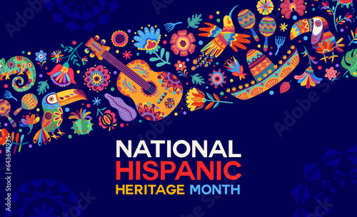 Ethnic National Hispanic Heritage Month festival banner with tropical flowers, animals and sombrero. Hispanic Heritage Month holiday invitation card, or vector poster with chameleon and hummingbird
