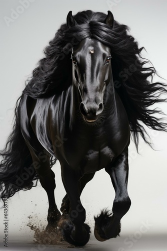 A black horse is running against a white background © joni
