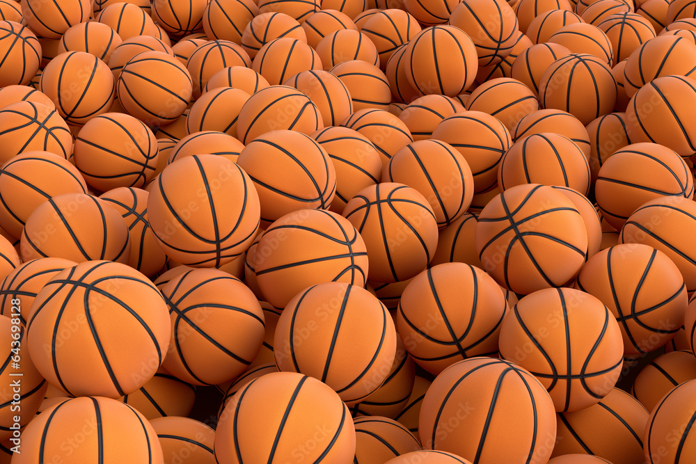 Many of flying orange basketball ball falling on blue background Many of flying orange basketball ball falling on blue background
