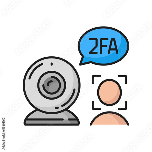 2FA two factor verification on camera, face check color icon. Vector secure password verification with two-factor authentication and face id scan